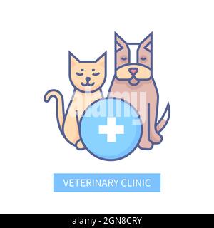 Clinica veterinaria - icona di stile design moderno su sfondo bianco. Immagine dettagliata ordinata di gatto e cane come simboli di tutti gli animali domestici che hanno bisogno di professionalità Illustrazione Vettoriale
