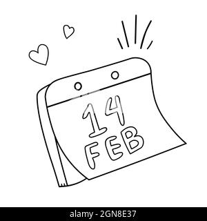Calendario delle vacanze con iscrizione Febbraio 14. Illustrazione vettoriale in stile doodle isolato su sfondo bianco. Pagina di calendario, giorno di San Valentino. Illustrazione Vettoriale