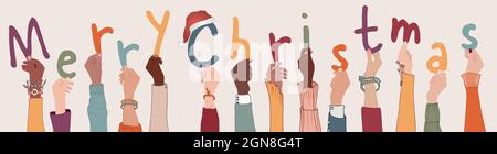 Braccia rialzate di colleghi o amici persone diverse e multietniche in possesso di lettere che formano il testo - buon Natale - Banner felice Natale vacanza Illustrazione Vettoriale