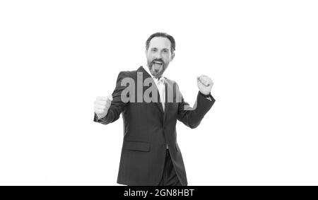 Sì. Felice uomo d'affari isolato su bianco. L'uomo bearded celebra il successo. Celebrazione del contratto. Buona festa. Celebrazione dell'anniversario. IT Foto Stock