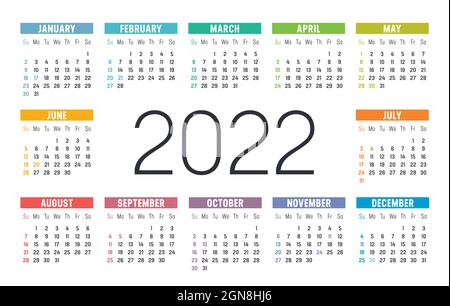 Anno 2022 una pagina calendario colorato, su sfondo bianco. Modello vettoriale. Illustrazione Vettoriale