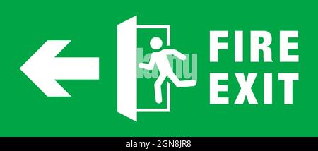 Segnale di uscita antincendio di emergenza di colore verde. Simbolo di avvertimento. Icona dell'uomo che corre verso la porta. Illustrazione Vettoriale