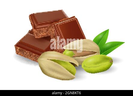 Barre di cioccolato rotte con pistacchio su sfondo bianco, realistico vettore illustrazione primo piano Illustrazione Vettoriale