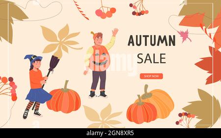 Autunno Halloween vendita modello banner web con bambini in costumi di fantasia in piedi con zucche, illustrazione vettoriale piatta. Interfaccia sito web per autu Illustrazione Vettoriale