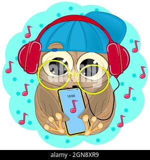 Gufo con cuffie e smartphone. Illustrazione vettoriale. Illustrazione Vettoriale