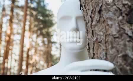 Robot in piedi dietro l'albero nella foresta Foto Stock