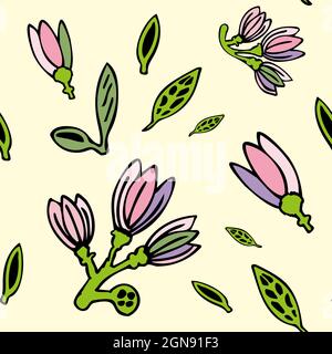 Modello senza cuciture con silhouette di fiori in fiore e foglie verdi. Illustrazione Vettoriale