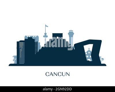 Skyline di Cancun, silhouette monocromatica. Illustrazione vettoriale. Illustrazione Vettoriale