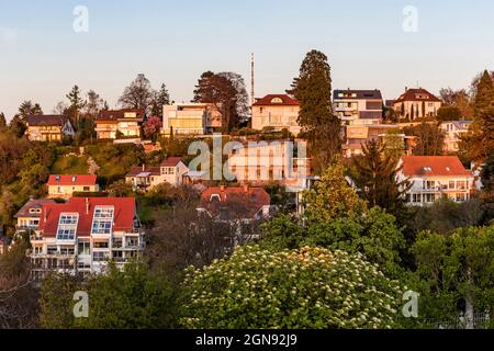 Germania, Baden-Wurttemberg, Stoccarda, ville Hillside del sobborgo di Haigst al tramonto Foto Stock