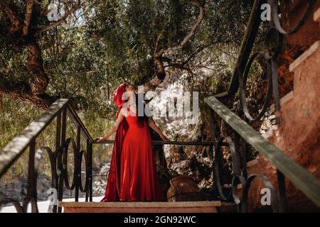 Donna in piccolo rosso vestito di maneggio guardando in su mentre si levano in piedi davanti agli alberi Foto Stock