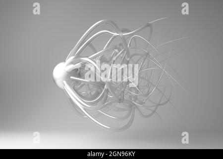 Rappresentazione tridimensionale di varie forme geometriche astratte fluttuanti su sfondo bianco Foto Stock