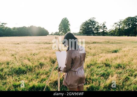 Donna che dipinge su tela mentre si trova al parco Foto Stock