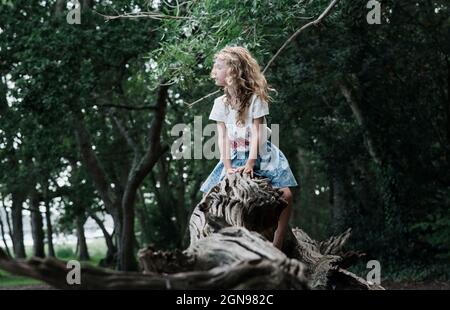 ragazza sedette su un albero caduto a piedi nudi godendo la natura nella foresta Foto Stock