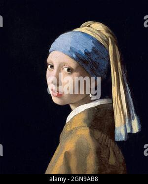 RAGAZZA CON UN ORECCHINO PERLA dipinta nel 1665 dall'artista olandese Johannes Vermeer (1632-1675) tenuto in Mauritshuis, l'Aia, Olanda. Foto Stock
