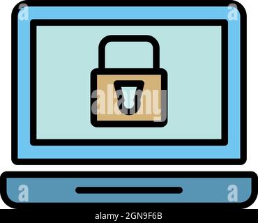 Icona laptop protetto. Contorno sicuro laptop vettore icona colore piatto isolato Illustrazione Vettoriale