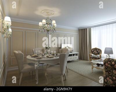 Un lussuoso soggiorno in stile classico con pareti beige, arredi classici, stampaggio bianco, lampadari e un tappeto sul pavimento in legno. 6K Foto Stock