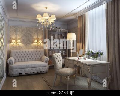 Una lussuosa camera da letto in stile classico con carta da parati beige, arredi classici, stampaggio bianco, lampadario, applique e un tappeto sul pavimento Foto Stock