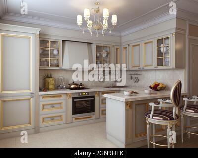 Una cucina lussuosa in stile classico con arredi classici dorati, lampadario e pavimento in marmo. 6K 6144x4608, illustrazione 3D Foto Stock