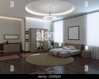 Moderna camera da letto luminosa interno con letto, armadio con specchio, comodini, tappeto rotondo, pavimento in parquet scuro e telai vuoti alle pareti Foto Stock