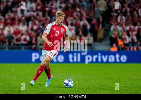 Copenaghen, Danimarca. 07 settembre 2021. Andreas Cornelius (21) di Danimarca ha visto durante la Coppa del mondo UEFA tra Danimarca e Israele al Parken di Copenaghen. (Photo credit: Gonzales Photo - Robert Hendel). Foto Stock