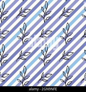 Strisce diagonali blu motivo senza giunture. Foglie di pennellatura di inchiostro nero disegnate a mano. Sfondo bianco. Vettore Illustrazione Vettoriale