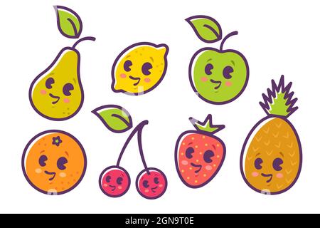 Illustrazione piatta del set vettoriale di un frutto in stile kawaii. Frutta e frutti di bosco carini in stile manga. Illustrazione Vettoriale