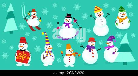 Collezioni icone di diversi pupazzi di neve. Snowman con un regalo, sugli sci Illustrazione Vettoriale