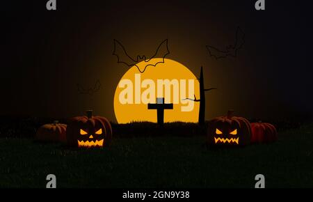 Sfondo notturno di Halloween con zucche, cimitero e pipistrello volante al chiaro di luna in una notte spettrale. Trick o festa. Rendering 3D Foto Stock