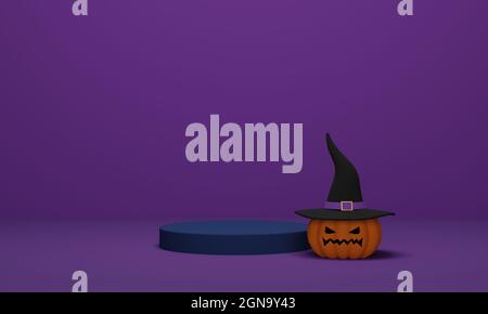 Rendering 3D. Zucca di Halloween che indossa un cappello da strega con podio su sfondo viola. Scena astratta minimal per sfondo di Halloween Foto Stock