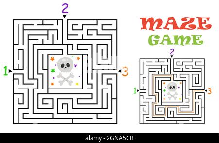 Labirinto rettangolare Halloween gioco labirinto per bambini. Logica labirintica. Tre ingressi e una strada a destra per andare. Immagine piatta vettoriale Illustrazione Vettoriale