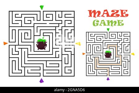 Labirinto rettangolare di Halloween labirinto gioco per bambini. Enigma logico a labirinto. Quattro ingressi e un modo giusto per andare. Illustrazione piatta vettoriale Illustrazione Vettoriale