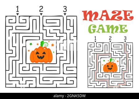 Labirinto rettangolare Halloween gioco labirinto per bambini. Logica labirintica. Tre ingressi e una strada a destra per andare. Immagine piatta vettoriale Illustrazione Vettoriale