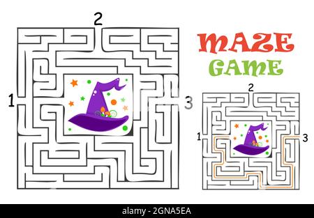 Labirinto rettangolare Halloween gioco labirinto per bambini. Logica labirintica. Tre ingressi e una strada a destra per andare. Immagine piatta vettoriale Illustrazione Vettoriale