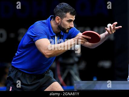 Doha, Qatar. 23 settembre 2021. Andrej Gacina della Croazia compete durante il Singles Round 16 degli uomini contro Cho Seungmin della Corea del Sud al WTT Star Contender Doha 2021 a Doha, Qatar, il 23 settembre 2021. Credit: Nikku/Xinhua/Alamy Live News Foto Stock