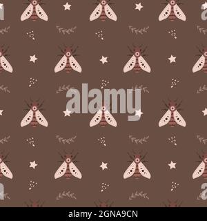 Modello senza cuciture con honeybee boho. Insetto con elementi celesti. Strega e simbolo magico per tessuti, tessuti, stampe. Astratto vettore disegnato a mano Illustrazione Vettoriale