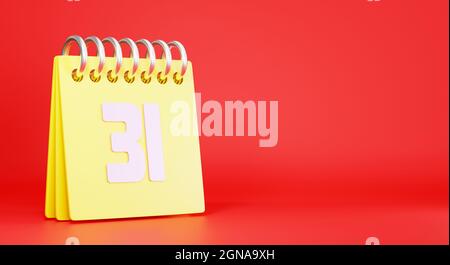 Calendario desktop con numero dell'anno dell'ultimo giorno 31, calendario della scrivania di primavera con righe di giallo in piedi e data su sfondo rosso, elemento di design per Foto Stock