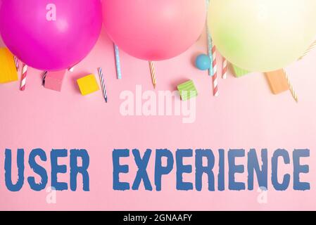 Firma che mostra l'esperienza utente. Foto concettuale l'esperienza complessiva di una persona che utilizza un prodotto colorato Birthday Party Designs Bright Foto Stock