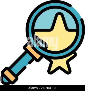 Lente di ingrandimento e icona a stella. Lente di ingrandimento a contorno e icona vettoriale a stella colore piatto isolato Illustrazione Vettoriale