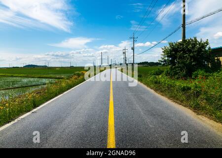 Strada asfaltata rurale attraverso la campagna in una giornata estiva. Ganghwa-Gun, Incheon, Corea del Sud Foto Stock