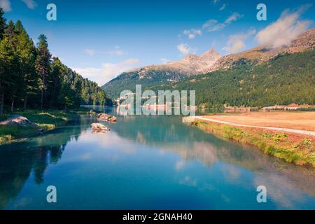 Mattinata estiva soleggiata sul lago di Silvaplana. Pittoresca scena all'aperto nelle Alpi svizzere, provincia di Sondrio Regione Lombardia, Italia, Europa. Stile artistico post Foto Stock