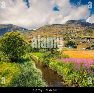 Mattinata estiva soleggiata nel villaggio di Maloja. Colorato scenario all'aperto nelle Alpi svizzere, passo Maloja, alta Engadina nel cantone dei Grigioni, Svizzera, E. Foto Stock