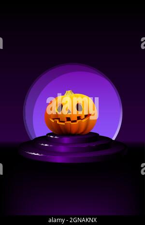 La zucca di Halloween sorrise sul piedistallo scuro. Modello di biglietto d'auguri per le vacanze autunnali con Jack Spooky sul palco viola. Illustrazione Vettoriale