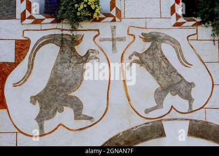 Stambecchi rampanti … Due lunghi stambecchi alpini o caprini o capre di montagna fiancheggiano una croce mentre si rialzano per combattere in arte araldica o armiale dipinta sulla parte anteriore di una casa inglese tradizionale restaurata a Scuol Sot, La città vecchia o bassa di Scuol nel cantone di Graubünden o Grigioni della Svizzera orientale. Molte case storiche qui sono state rinnovate, con nuovi proprietari che conservano con cura caratteristiche come finestre a oriel, forni per il pane, arte sgraffito e stemmi dipinti di famiglia. Foto Stock