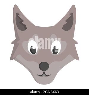 Vista frontale Wolf Face. Capo animale in stile cartone animato. Illustrazione Vettoriale