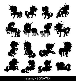 Set di simpatici unicorni cartoni animati. Modello di illustrazione vettoriale con silhouette nera isolato su sfondo bianco. Per stampe, adesivi, design, piatti e bambini Illustrazione Vettoriale