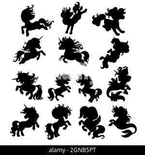 Set di simpatici unicorni cartoni animati in movimento. Modello di illustrazione vettoriale con silhouette nera isolato su sfondo bianco. Per stampa, adesivi, design, dishe Illustrazione Vettoriale