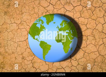 Giornata mondiale dell'ambiente cambiamenti climatici. La tessitura verde di una foglia si trasforma in terreno asciutto e scottato Foto Stock