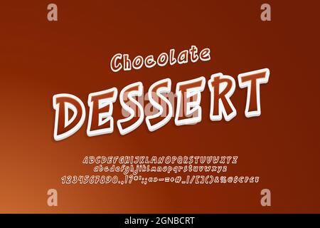 Dolce cioccolato 3d cartoon carattere corsivo colori marrone. Lettere maiuscole e minuscole, numeri e simboli vettoriali. Illustrazione Vettoriale
