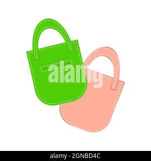 Due borse per lo shopping isolate su sfondo bianco. Illustrazione piatta vettoriale. Borsa per acquisti, generi alimentari. Illustrazione Vettoriale