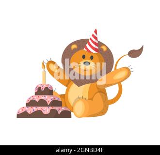 carino leone con torta e un cappello compleanno sulla sua testa, animale compleanno. Illustrazione vettoriale. Carattere cartoon per cartolina per il nuovo anno, compleanno, f Illustrazione Vettoriale